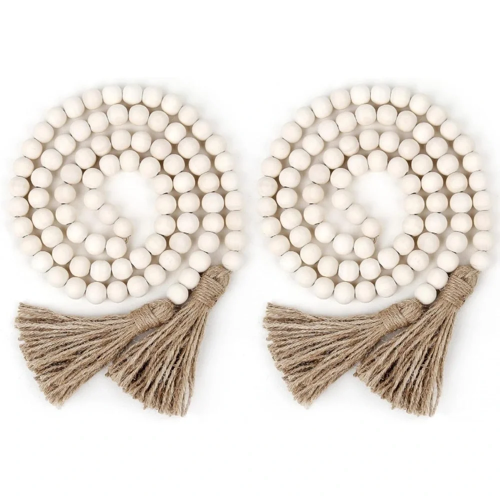 Rustic Boho Farmhouse Cream Wood Beads Tie Tassel Garland Home Table DiningDecor